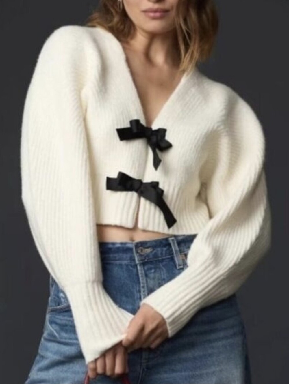 Anthropologie Rhea Bow Front Crop Cardigan Cream Wool Knit Size Small Coquette